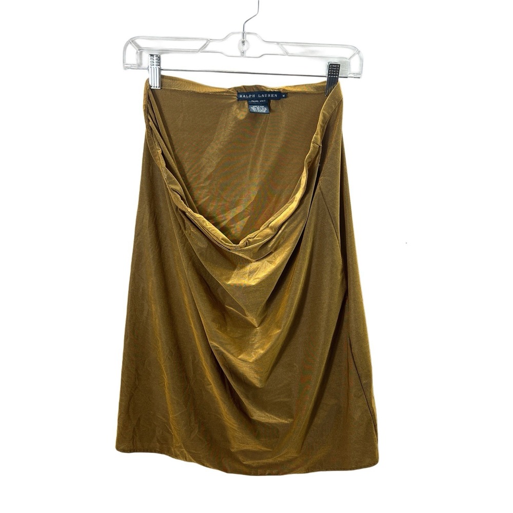 Ralph Lauren Gold Satin Draped Ruched Midi Skirt Womens M Cocktail